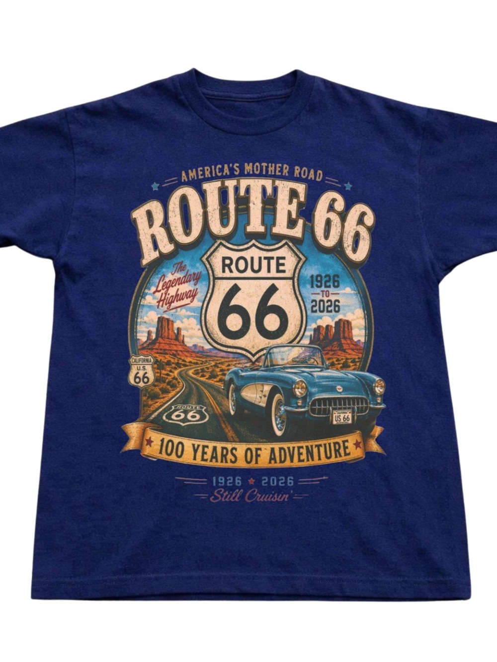 Gildan Navy Route 66 Graphic Tee with Vintage Car